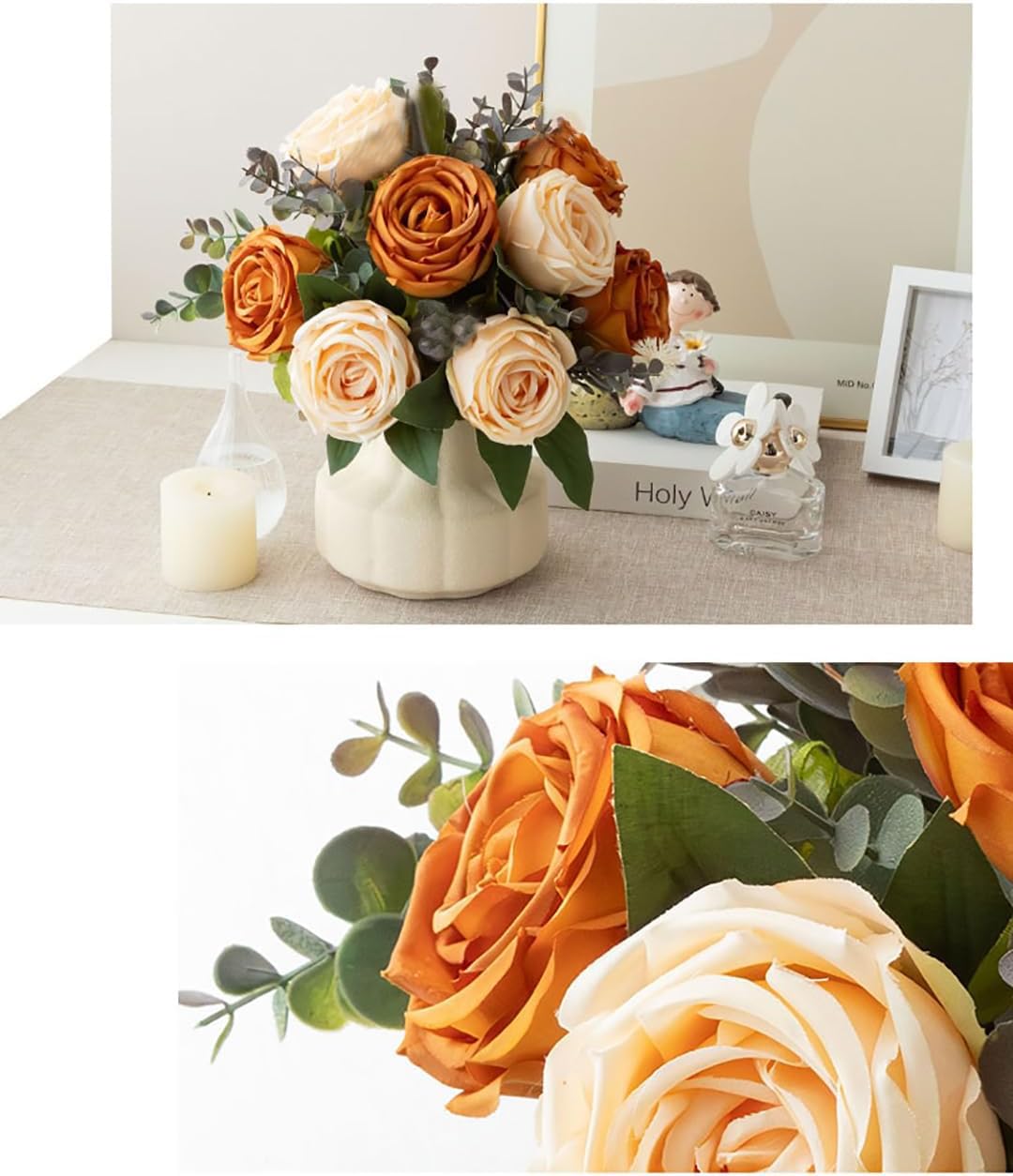 Silk Roses Artificial Flowers in Vase, Fake Flowers with Vase, Faux Flower Arrangement with Vase Decoration, Dining