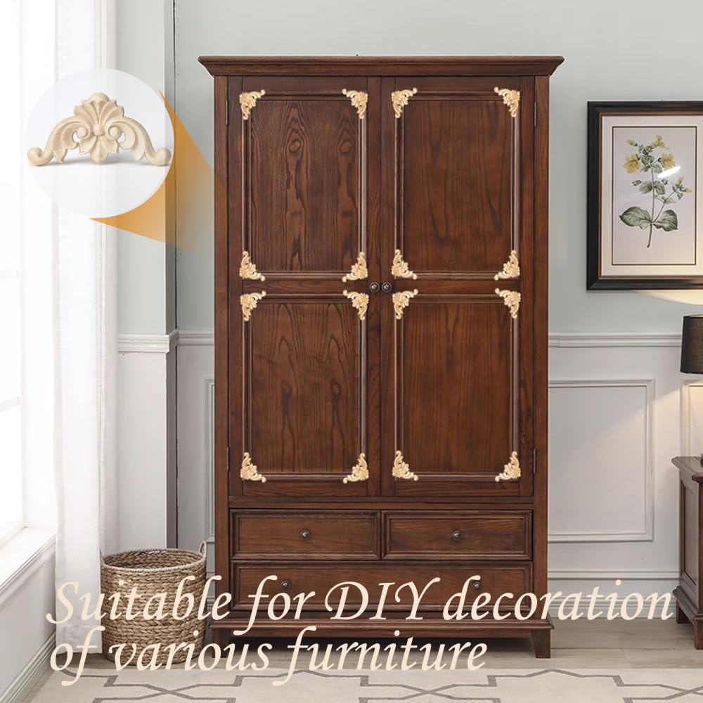 32PCS Wood Appliques and Onlays Wood Appliques for Furniture Decorative Wooden DIY Carved Onlay for Bed Door Cabinet