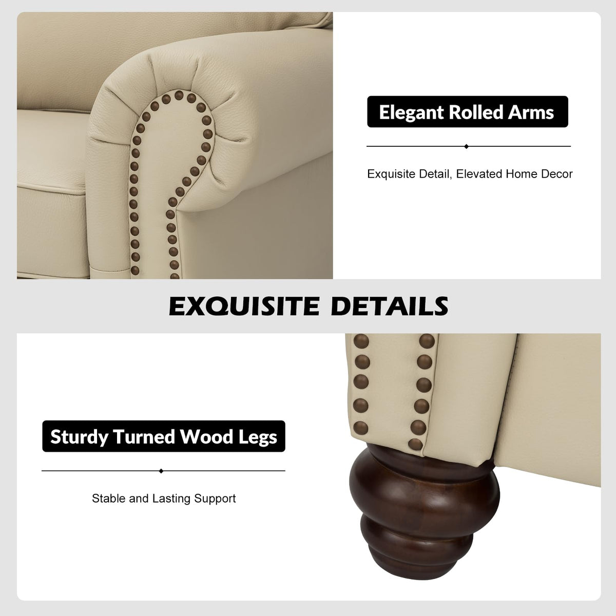 81" Genuine Leather Sofa, Classic 3-Seater Couchs with Wood Legs, Stylish & Comfortable Sofa, Easy Assembly Maintain