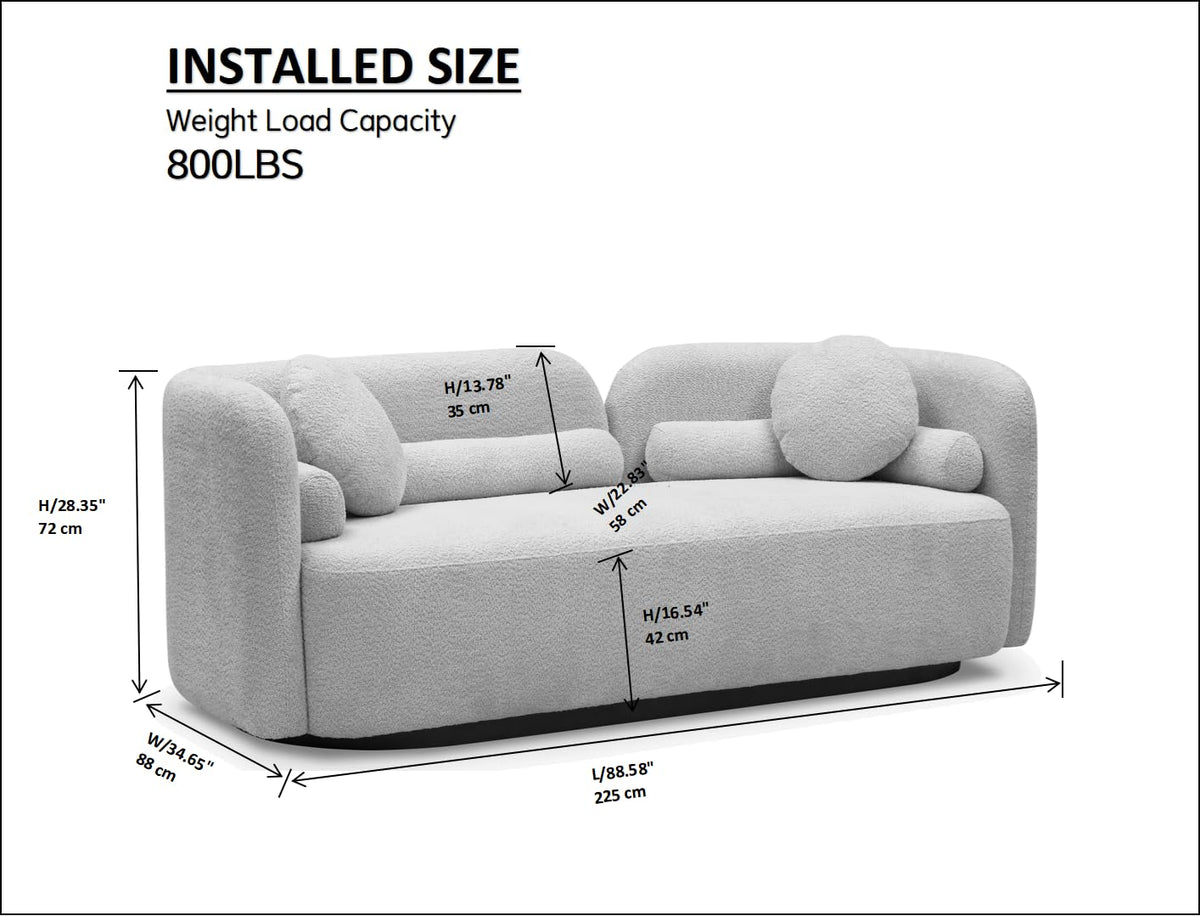 88.58" Curved Sofa Couch, Solid Wood Frame, Pillows, Boucle, 3-Seater Beige