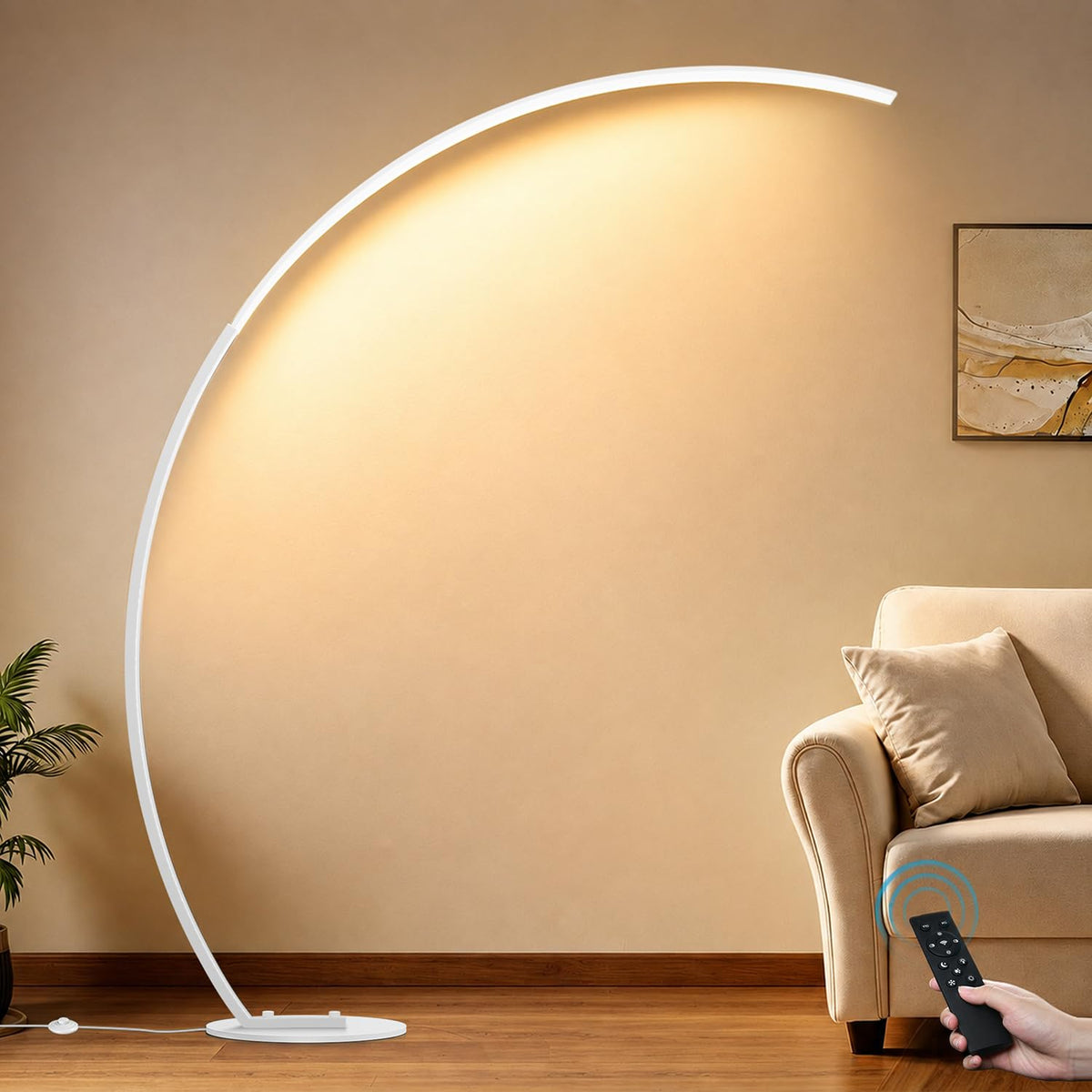 Ultra-Wide Coverage LED Lamps with 3 Color Temperatures, White Dimmable Arc Floor Lamps, Modern Standing Tall