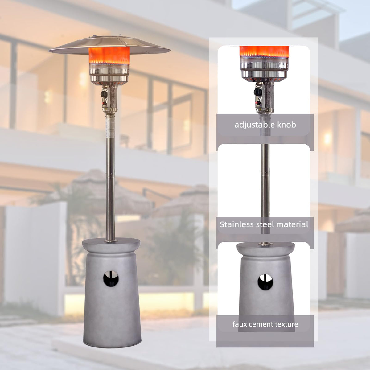 48, 000 BTU Outdoor Patio Heater, Terrafab Material Base w Internal Gas Tank, Light Gray