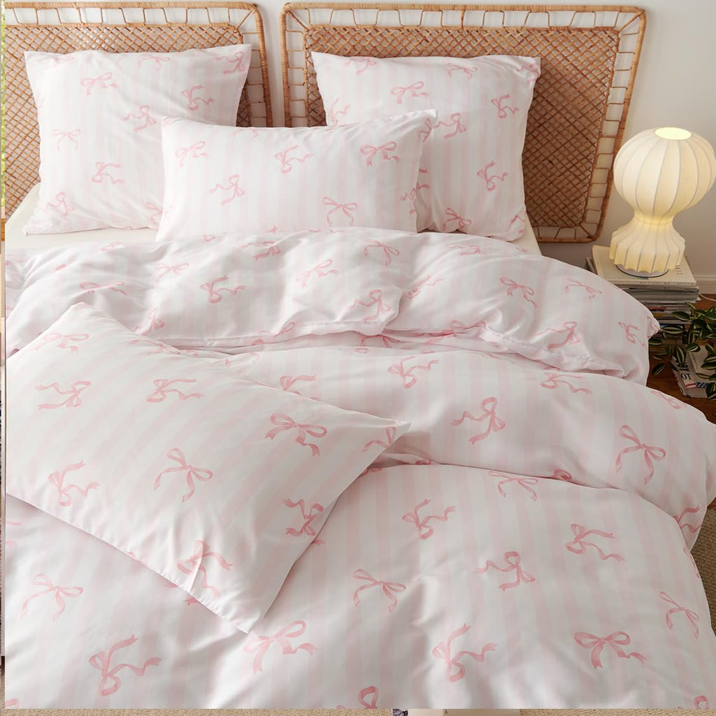 Pink Bow Striped Duvet Cover Set
