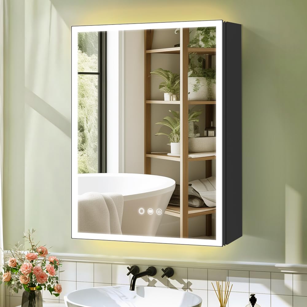 Aluminum Medicine Cabinet with Light,Stepless Glass Shelf,3 Colors Temperature,Dimmer,Backlit Lighting,Internal