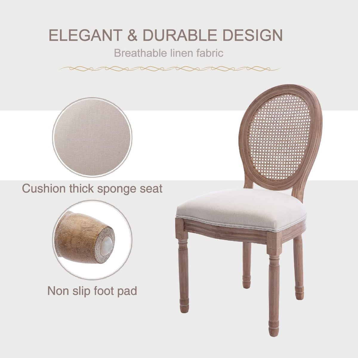 French Farmhouse Dining Chairs Set of 4, Upholstered Rattan Dining Chairs with Curved Backrest and Carved Solid Wood Frame for Dining Room or Restaurant