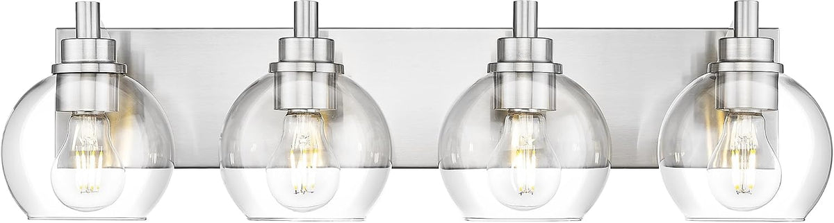 4-Light Brushed Nickel Bathroom Vanity Light, Clear Glass Globes | 26" modern bathroom light fixtures over mirror