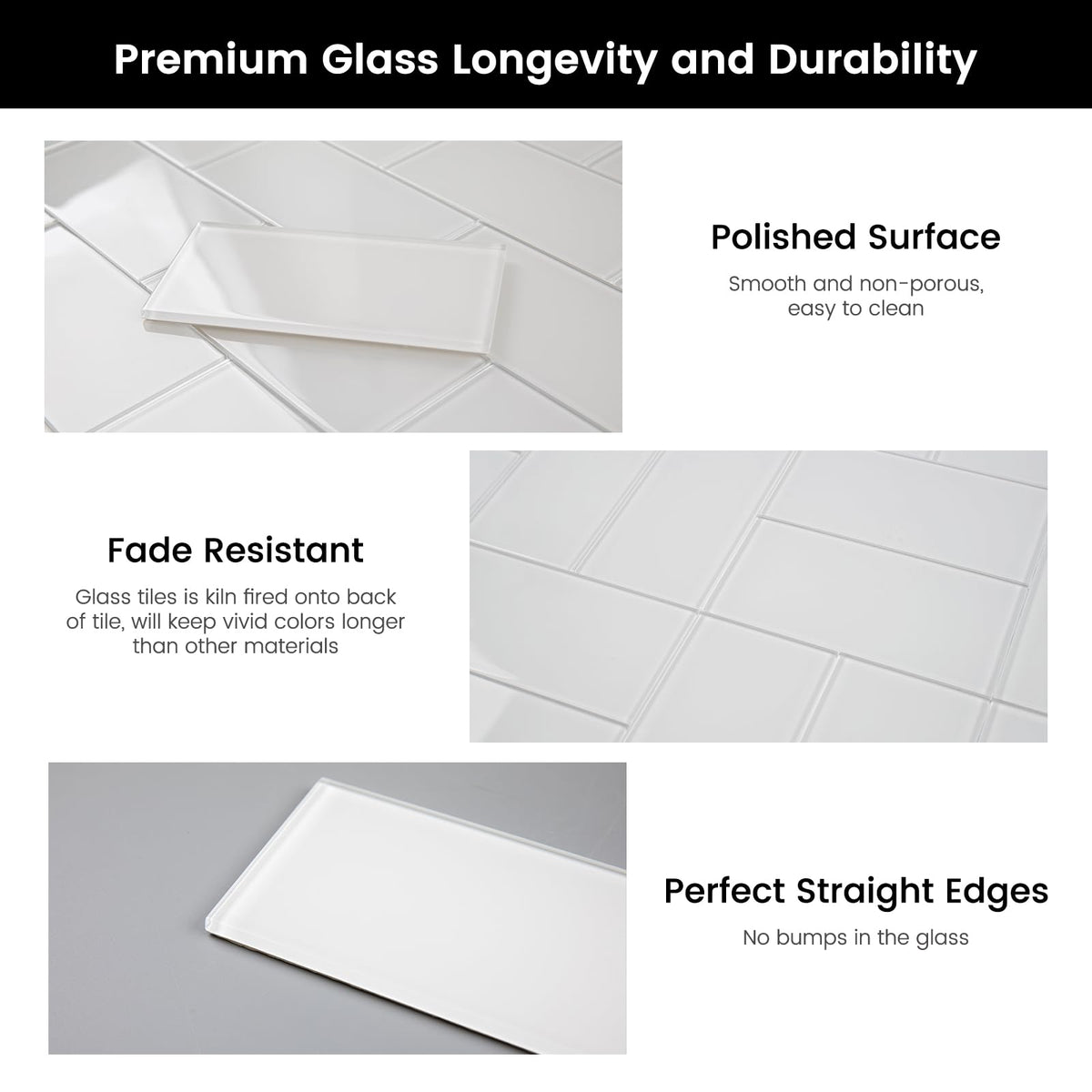 Peel and Stick Glass Subway Tiles, 3 x 6 Inch, White Glass Tiles for Backsplash, Kitchen Backsplash Wall, Pack of 40