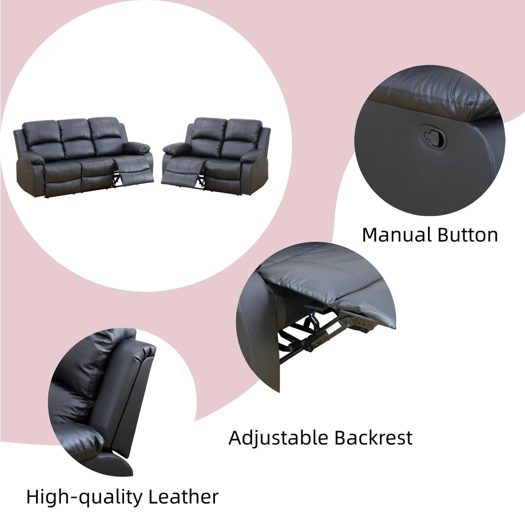 Manual Leather Reclining Couch Set, 1 Loveseat, 3 Seat Sofa, Black