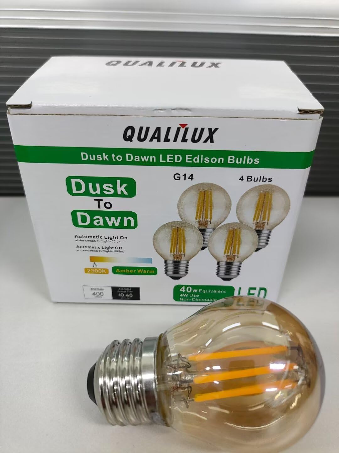 G14 Small Dusk to Dawn Edison Light Bulbs Outdoor, Vintage Amber Glass, 4W=40W, Replace A15, 400LM Warm Light, Auto