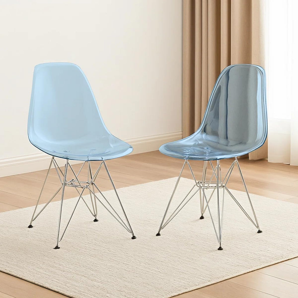 Inspired Eames Style Acrylic Dining Chairs with Chrome Eiffel Base - Set of 2, Curved Back Ergonomic Accent Side Chairs for Modern and