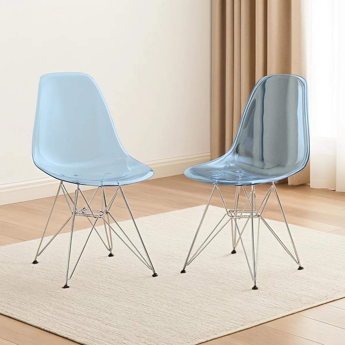 Inspired Eames Style Acrylic Dining Chairs with Chrome Eiffel Base - Set of 2, Curved Back Ergonomic Accent Side Chairs for Modern and