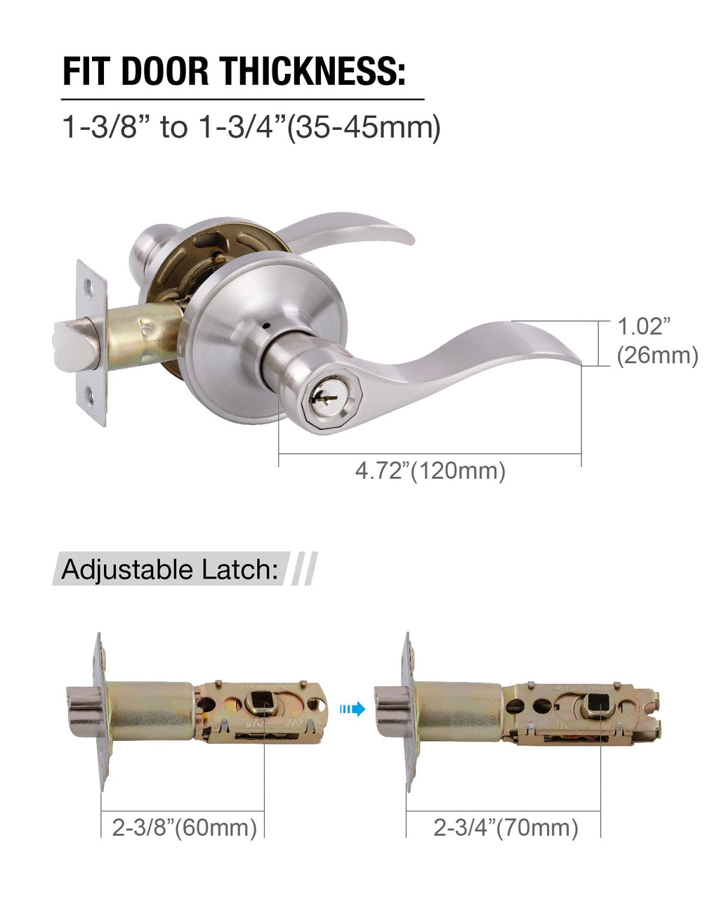 2 Pack Door Levers Interior Keyed Difference Entry Front/Bedroom Door Handles for Left and Right Opened Door with