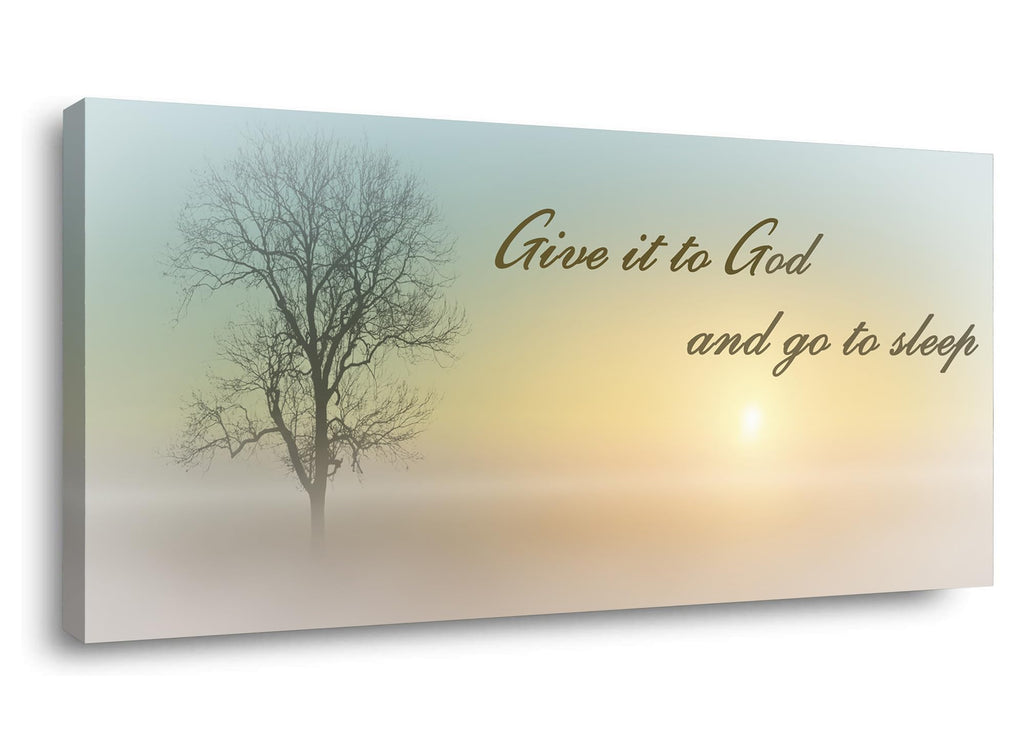 Canvas Wall Art of Misty Sunset & Tree Plant Picture Home Above Bed, White Country Wood Sign, Give It To God & Go to