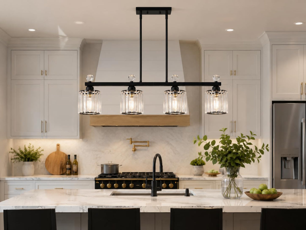 32" Crystal kitchen Island Lighting, 4-Light Black Linear Pendant Light