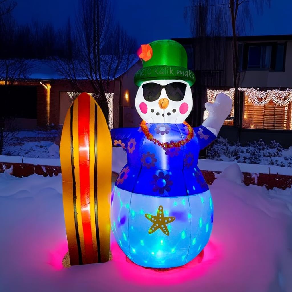 8 Ft Tall Inflatable Hawaiian Snowman with Surfboard LED Blow Up Lighted Christmas Inflatable Outdoor Decoration