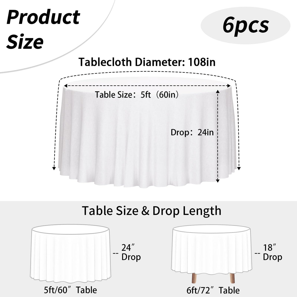 6 Pack 108 Inch Tablecloths Round White Table Cover
