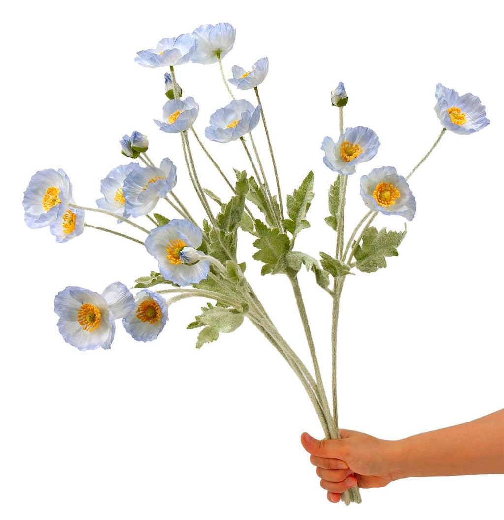 Set of 6 Light Blue Silk Poppy Flowers Artificial with Stems Silk Poppies Bouquet Faux Ranunculus Artificial Flowers