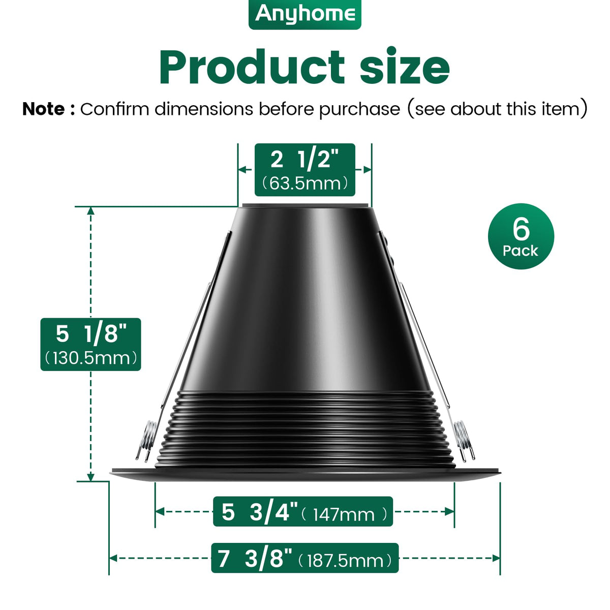 6 Pack 6" Recessed Can Light Trim,for 6 Inch Can,Black,All-Metal