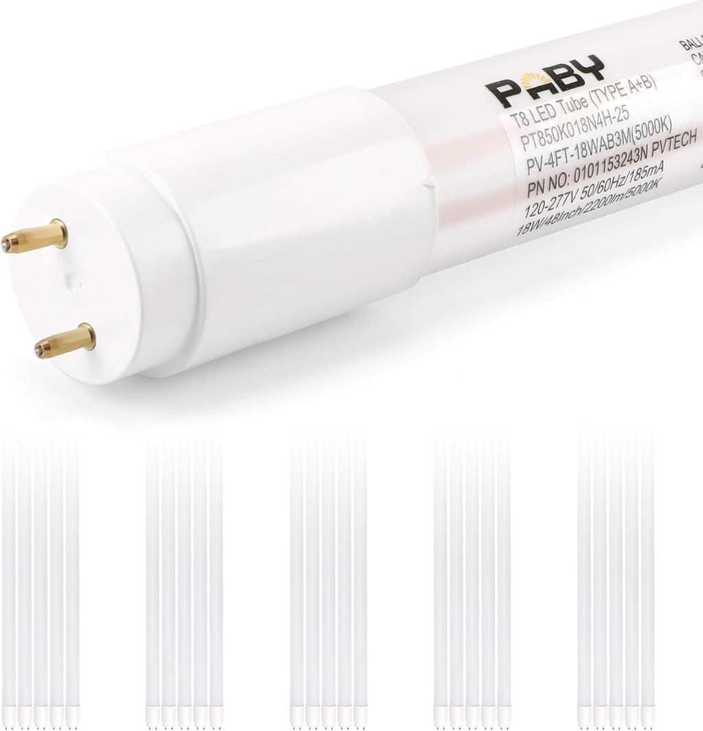 25 Pack 4FT LED T8 Type A+B Light Tube, 18W, Plug & Play or Ballast Bypass, 2250LM, 5000K, Single or Double End Power