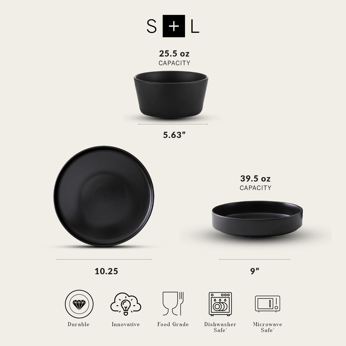 Lain Celina Stoneware 12-Piece Dinnerware Set, Cereal and Pasta Bowls, Black, Coupe