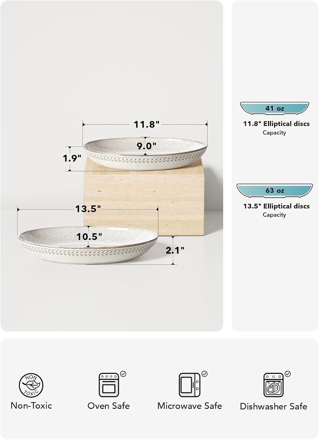 Ceramic Serving Bowls Set of 2, Large Oval Serving Dishes for Entertaining, 11.8 & 13.5 Inch Salad Bowl Counter
