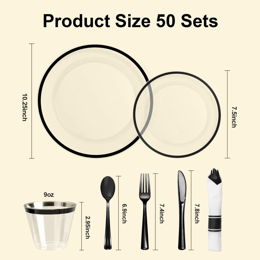 350 PCS Clear and Black Disposable Plastic Plate Set for 50 Guests