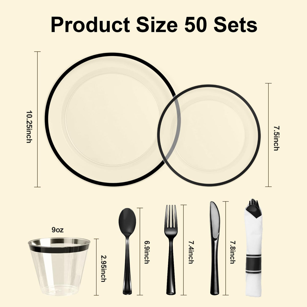 350 PCS Clear and Black Disposable Plastic Plate Set for 50 Guests