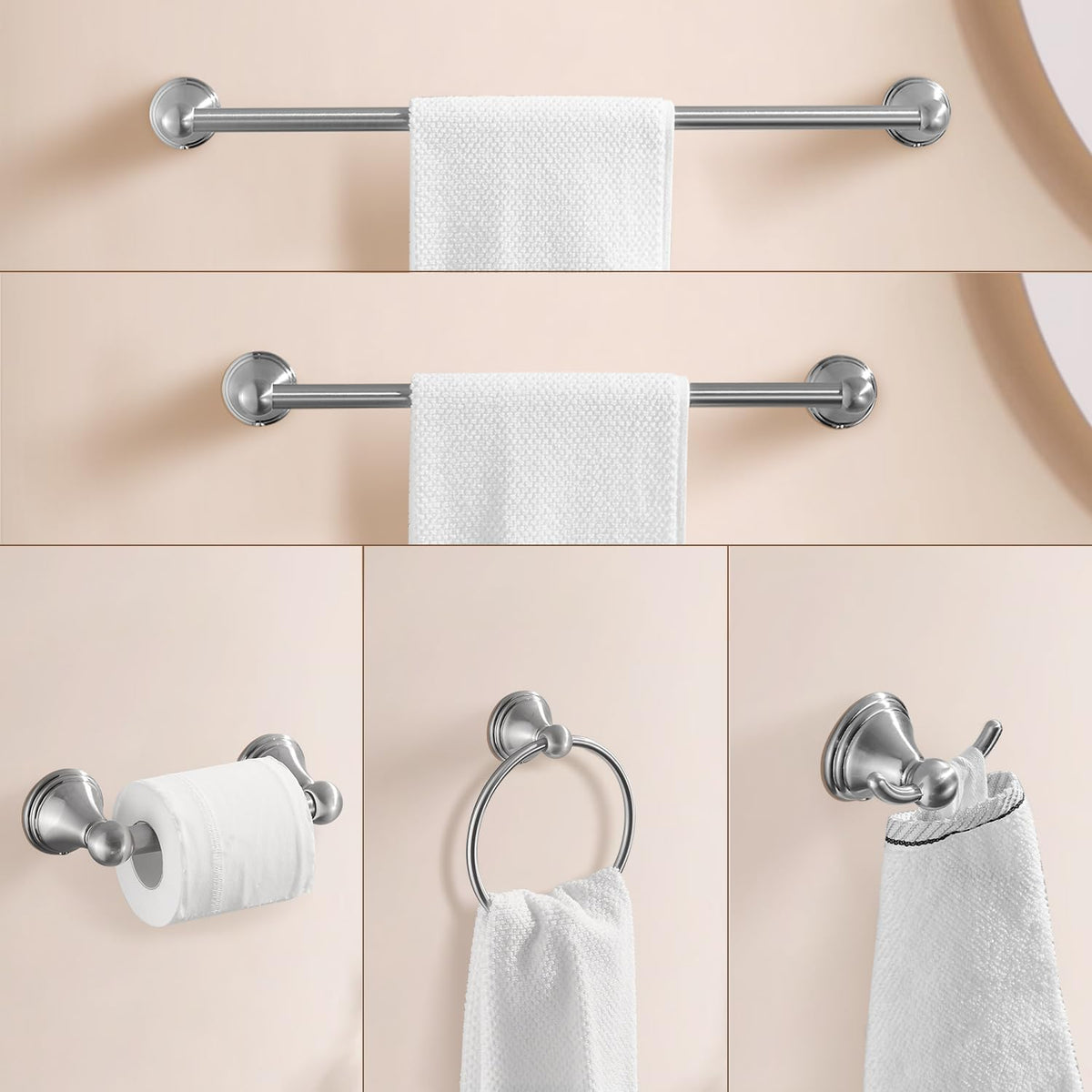 Nickel Bathroom Hardware Set, 5-Piece Bath Accessories Set Wall Mount Includes 20 in Towel Bar, 16 in Towel Bar