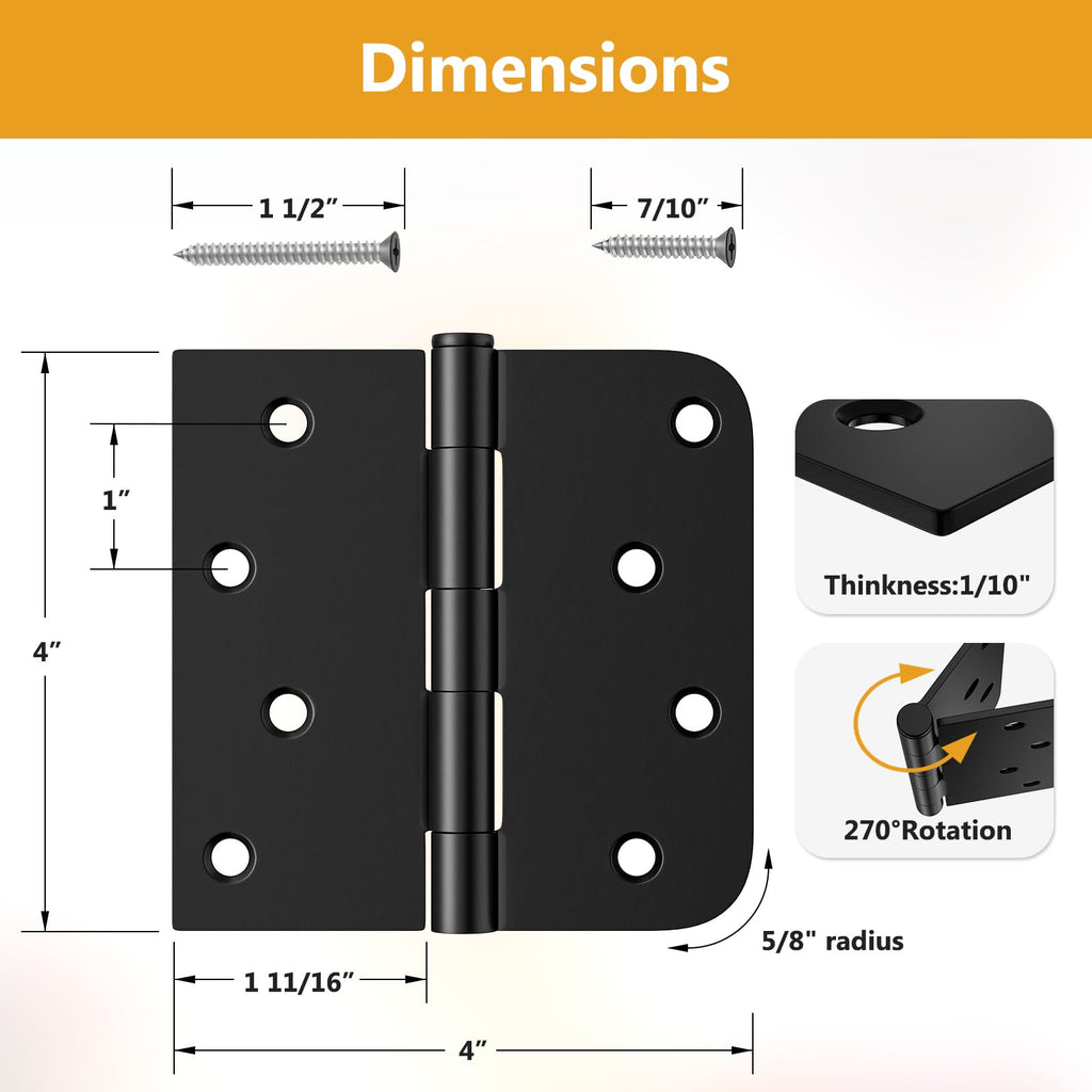 3 Pack Black Door Hinges 4 Inch, Exterior Door Hinges, Removable Pin