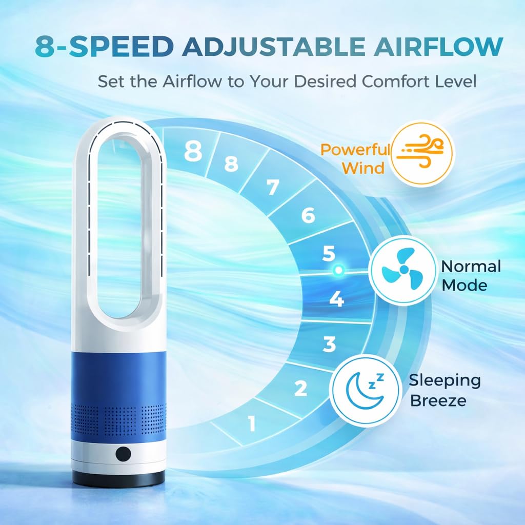 22" Bladeless Tower Fan with Remote Control, 80° Oscillating Tower Fan , 8 Speeds, 8H Timer, Quiet Cooling Fan with