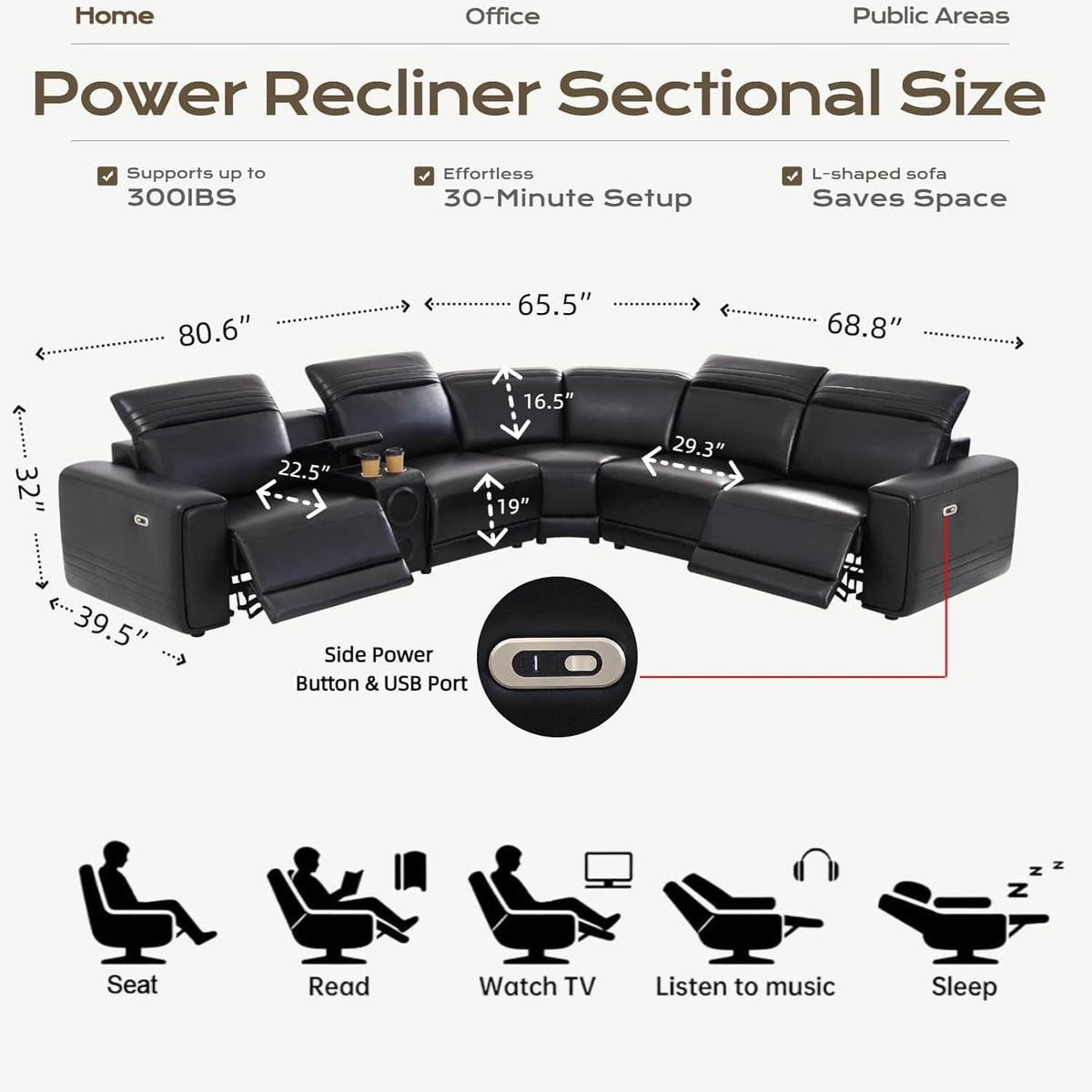 Power Recliner Sectional Couch, Breathing Leather Living Room Furniture Set, Reclining Corner Sectional Sofa with