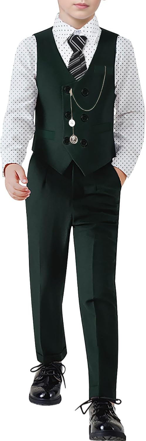 Boys Suit Formal Dress Clothes Big Boy Wedding Outfit Vest+Pants+Dress Shirt+Chain+Adjustable Tie