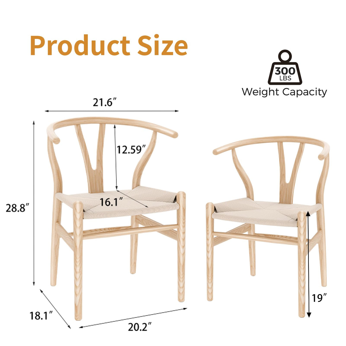 Wishbone Chairs Set of 4, Solid Ash Wood Dining Chairs (Natural)