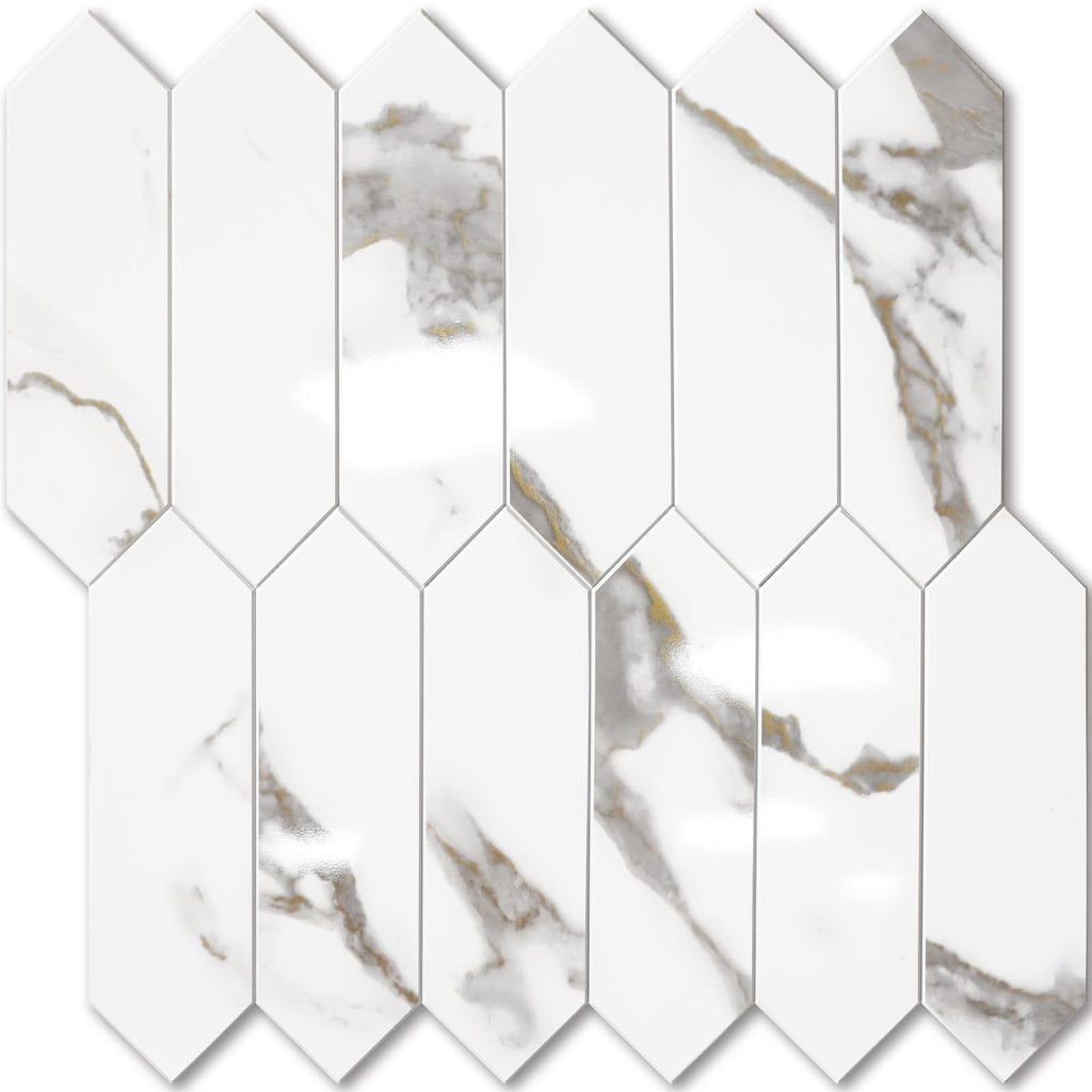 Glossy White Marble with Gold Veining Backsplash Tile Peel and Stick, 12.8 x 12.8 Inch 10 Sheets Long Hexagon PVC