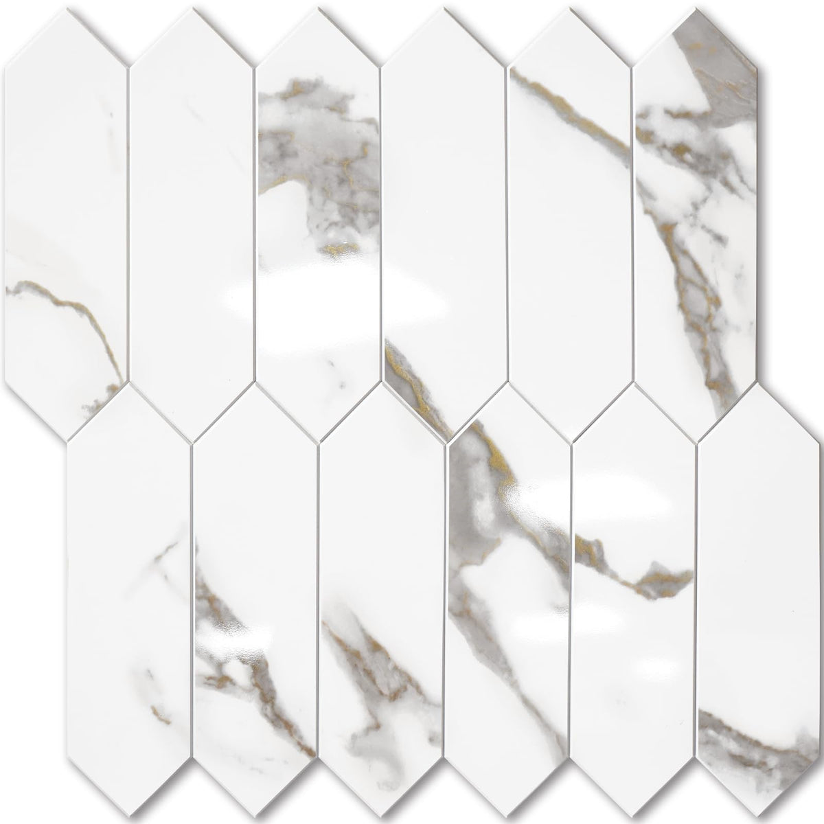 Glossy White Marble with Gold Veining Backsplash Tile Peel and Stick, 12.8 x 12.8 Inch 10 Sheets Long Hexagon PVC