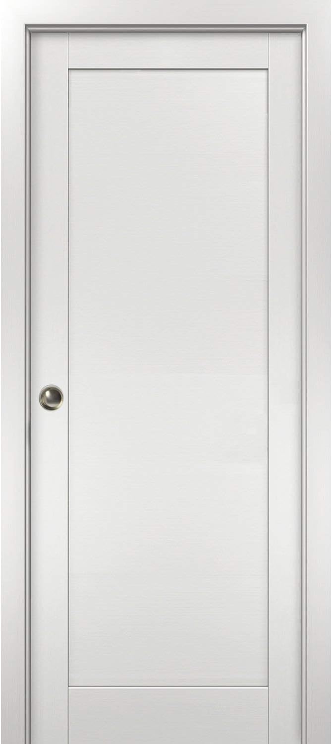 Modern Pocket Door 32 x 84 with Frames | Quadro 4111 White Ash | Kit Trims Rail Hardware | Solid MDF Interior Bedroom