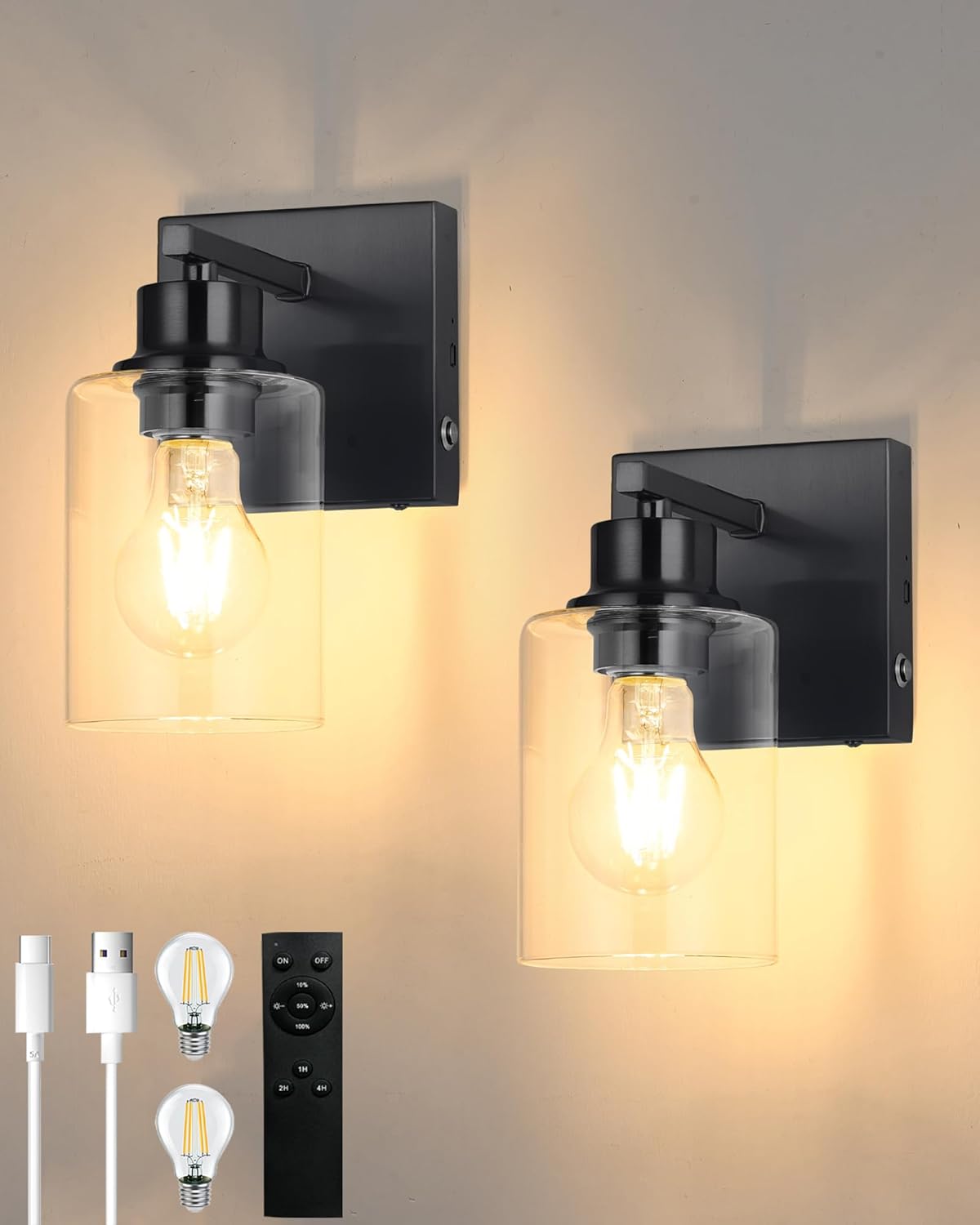 Wireless Battery Operated Wall Sconce Set of Two with Remote Control | Black Dimmable Rechargeable Wall Lights with Timer, Easy Install Glass Lamp for Living Room Bedroom, Emergency 3000K