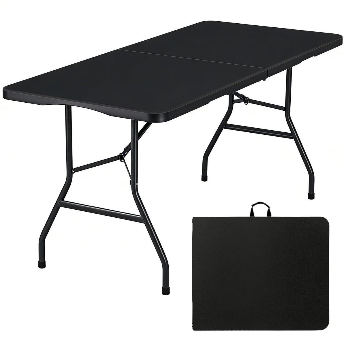 6FT Folding Table, Fold in Half Heavy Duty Plastic Utility Table with Carrying Handle, Black | HDPE Top for Indoor