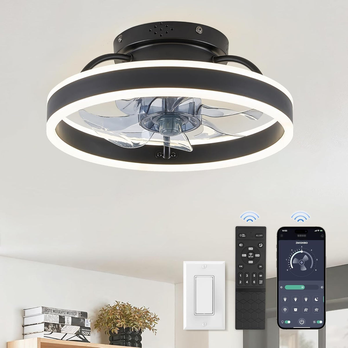 13" Black Flush Mount Chandelier Ceiling Fan with Light & Remote
