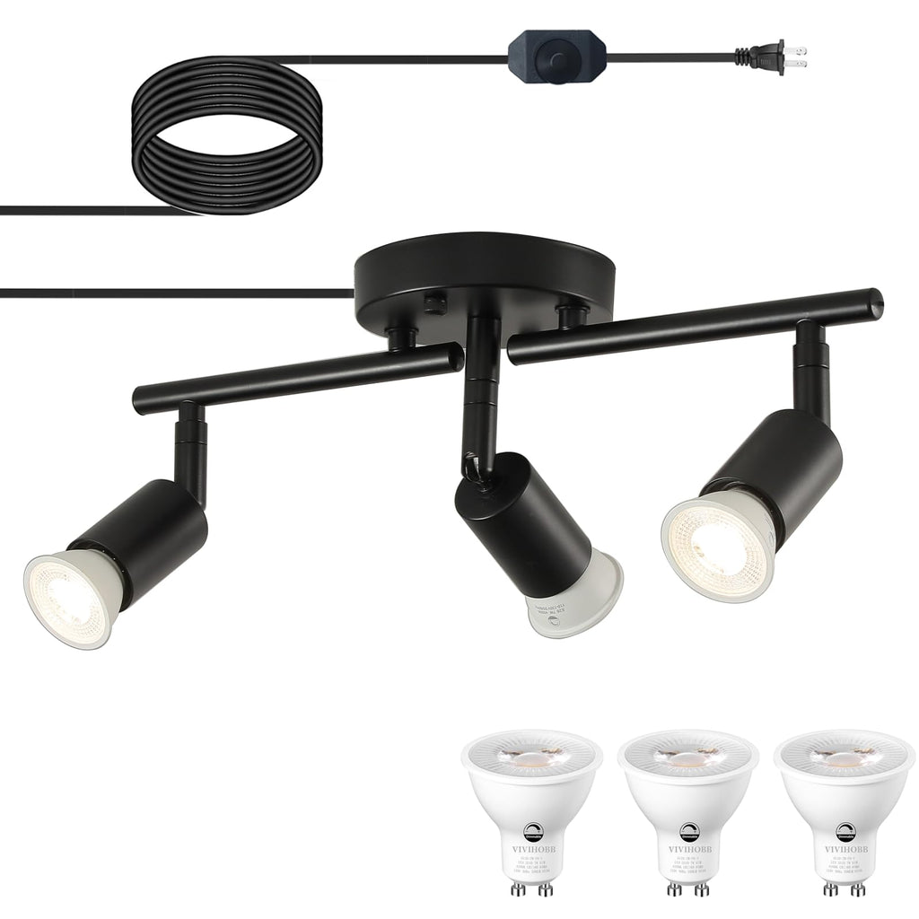 Dimmable Plug in Track Lighting,Plug in Ceiling Light Fixture,Balck 3 Light Track Light with 16.4' Long Cord,Dimming