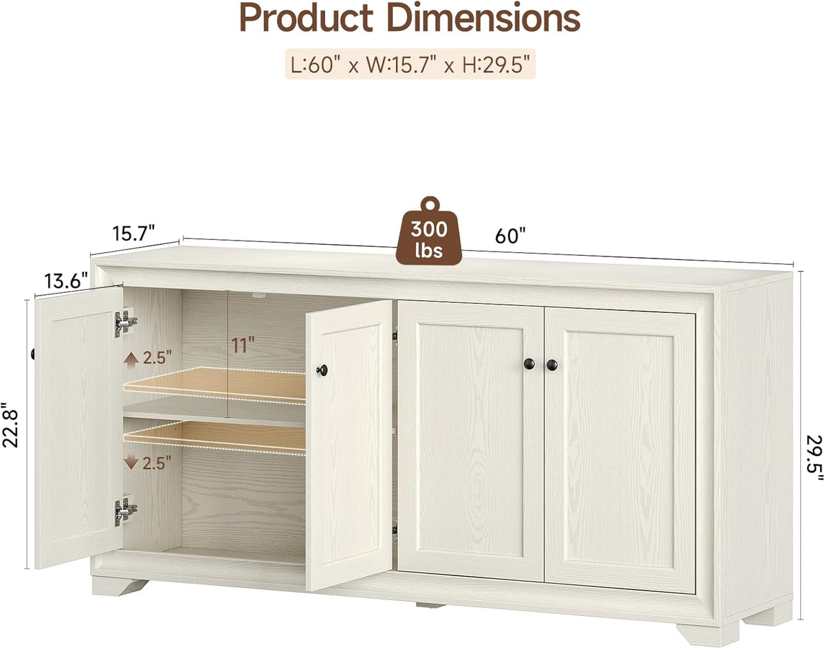 60" Buffet Cabinet with Storage, 4 Doors Sideboard Buffet Cabinet with Adjustable Shelves