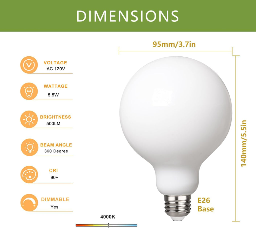 G30 LED Globe Light Bulbs, E26 Base, Neutral White 4000K, 2 Pack