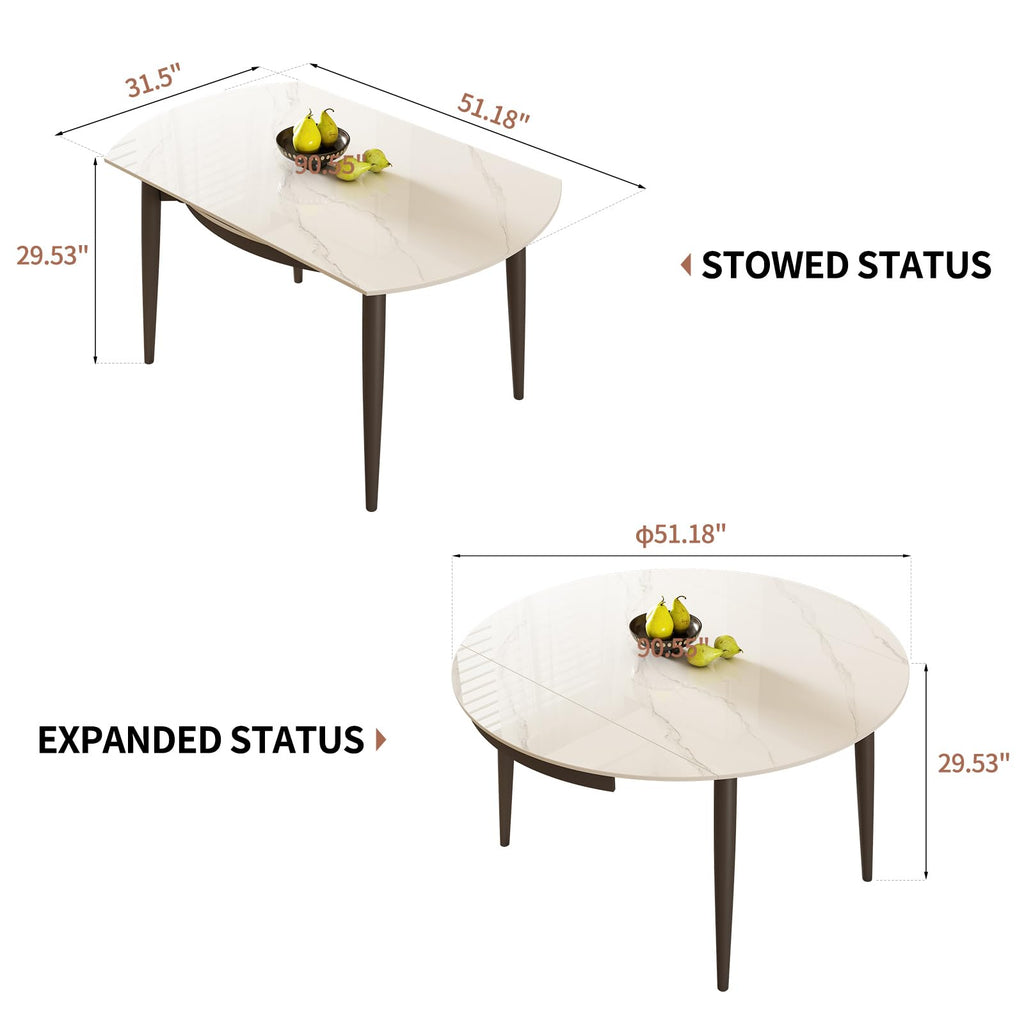 51.2"Expandable Round Dining Table, Sintered Stone Extendable Dining Table for 4-6, Modern Round Dining Room Table