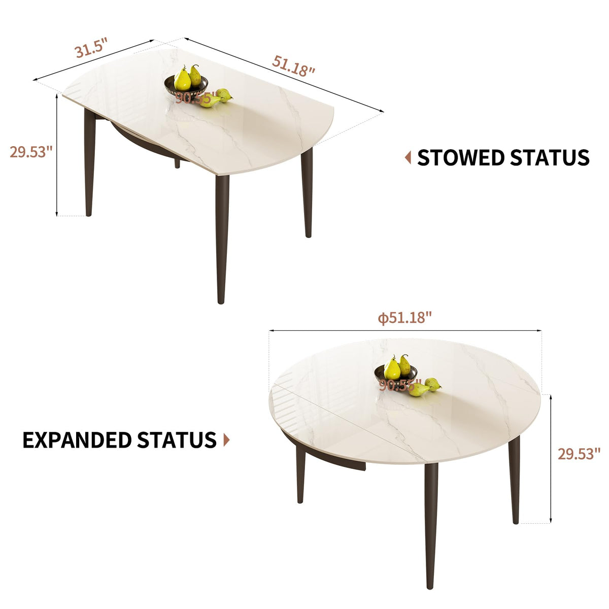 51.2"Expandable Round Dining Table, Sintered Stone Extendable Dining Table for 4-6, Modern Round Dining Room Table
