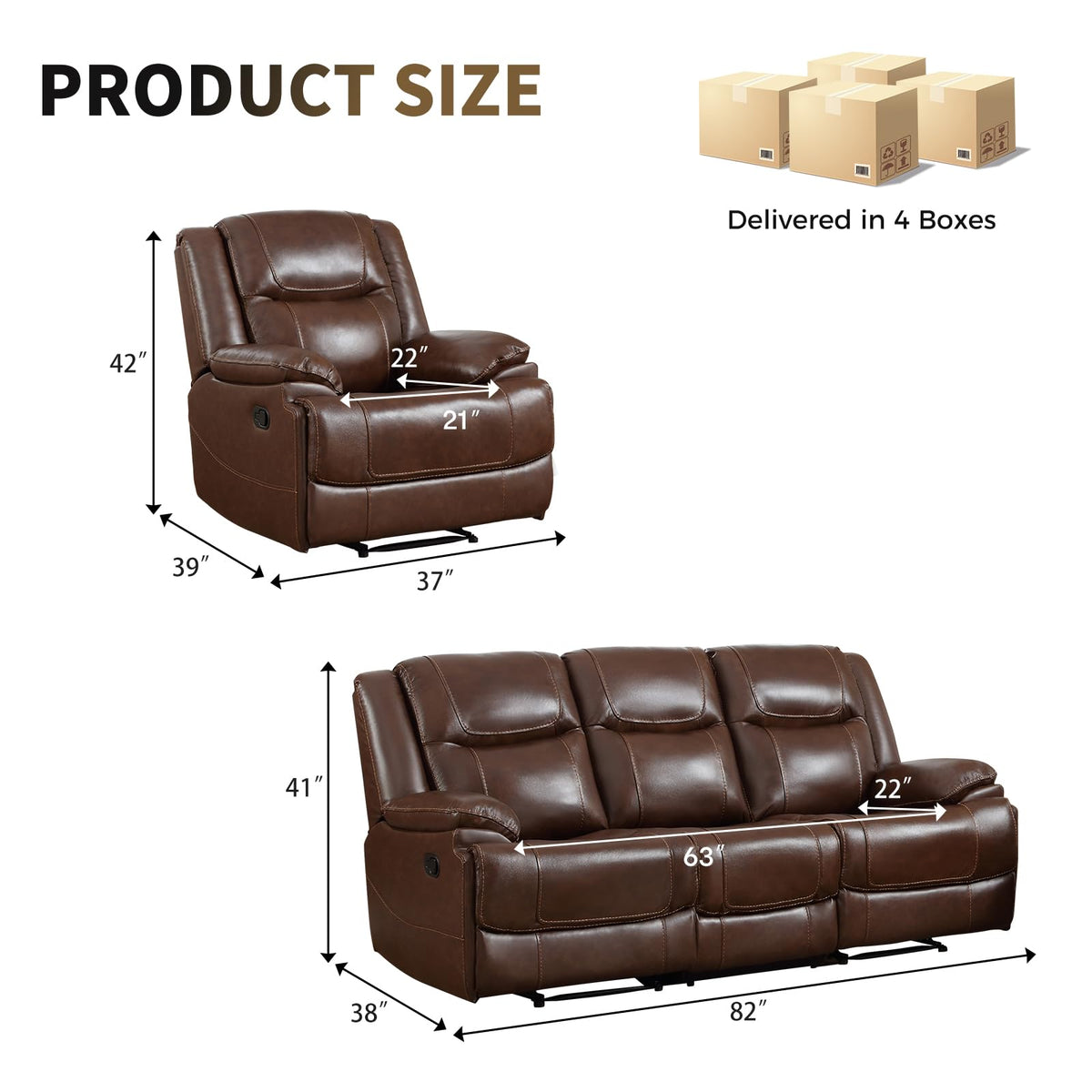 Genuine Leather Manual Recliner Sofa Furniture Set, Included Single Recliner Chair and 3 Seat Sofa, Modern Durable