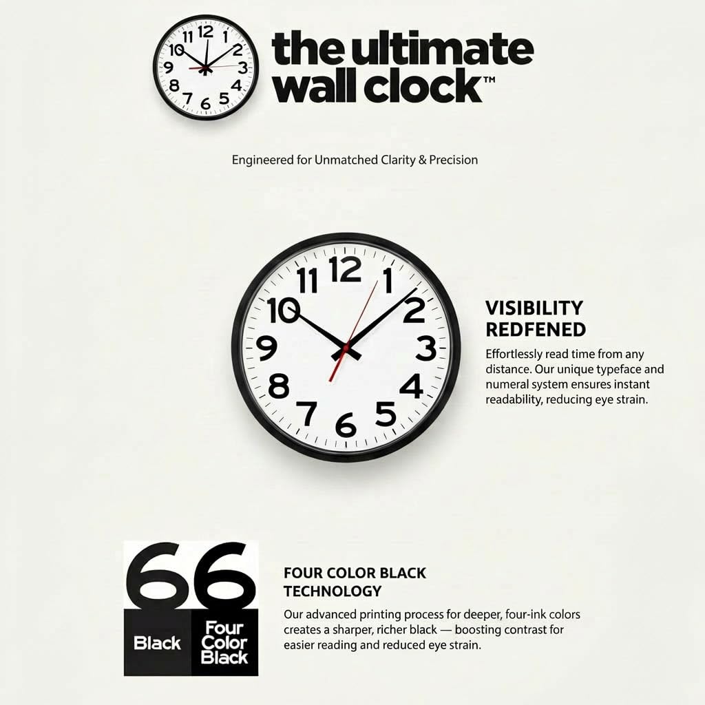 Inspired Nelson Style Ultimate Wall Clock 14" Atomic, Black, Easy-to-Read Display, Round, AA
