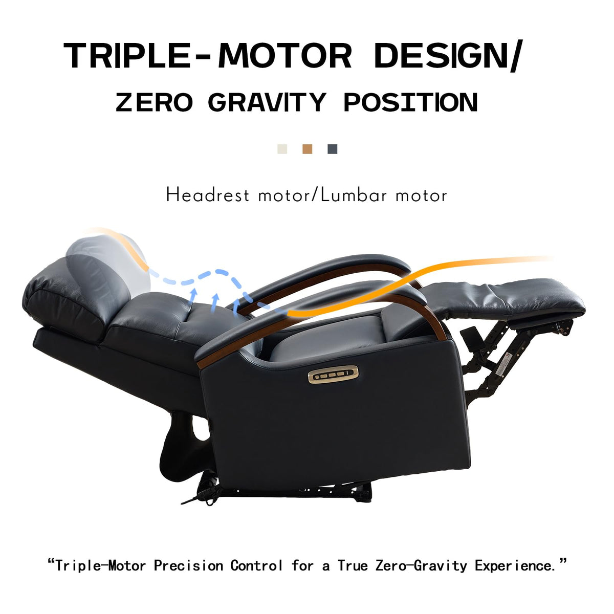 Triple-Motor Genuine Leather Zero Gravity Power Recliner, Dark Blue