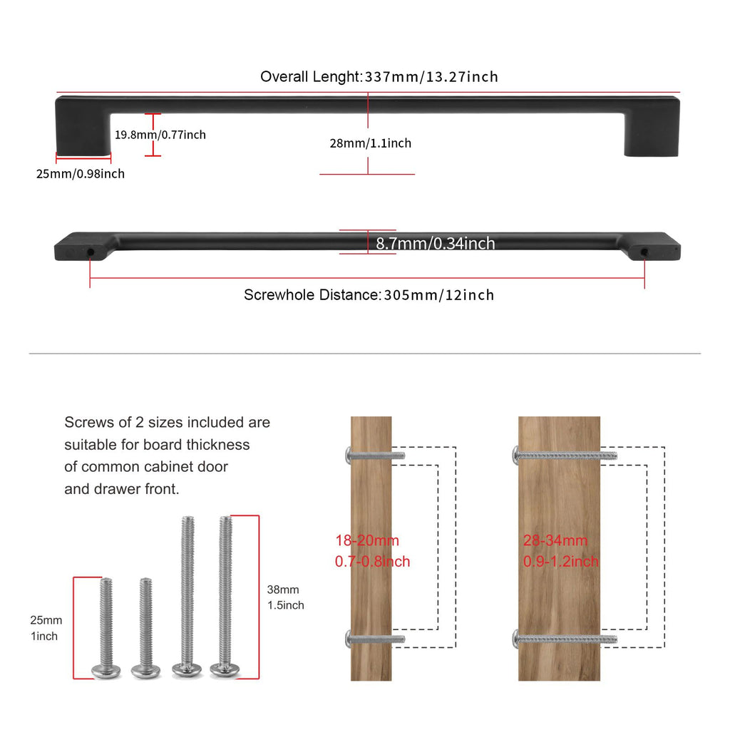 5 Pack Classic Cabinet Handles-12/305mm Screw Spacing Matte Black Furniture Hardware Handles Cabinets Bedroom Cabinet