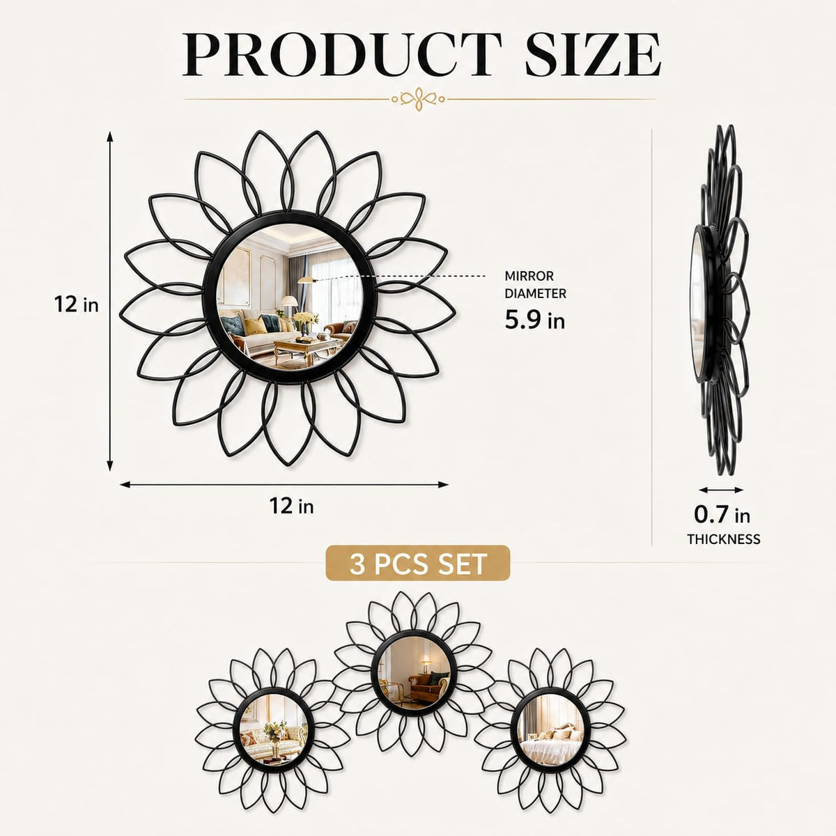 Black Flower Mirror Set of 3, 3PCS Metal Round Decorative Wall Mirrors, Floral Petal Accent Mirror Wall Decor