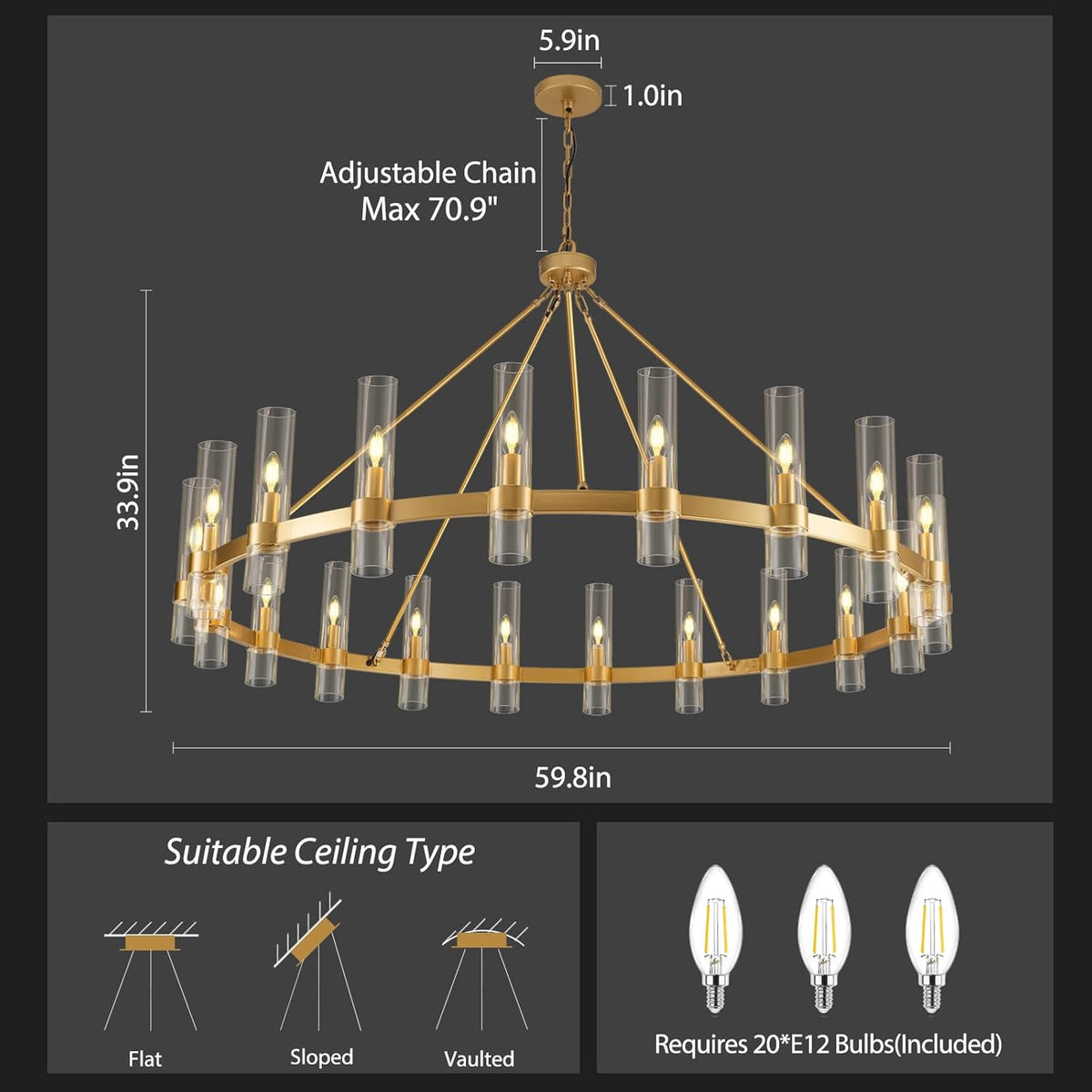Inspired Ravelle Style Gold Wagon Wheel Chandelier, 60 Inch Glass Chandeliers, 20 Light Chandelier for High Ceiling, Modern Farmhouse Chandeliers for Living Room, Dining Room, Entryway, Stairwell(Bulbs Included)